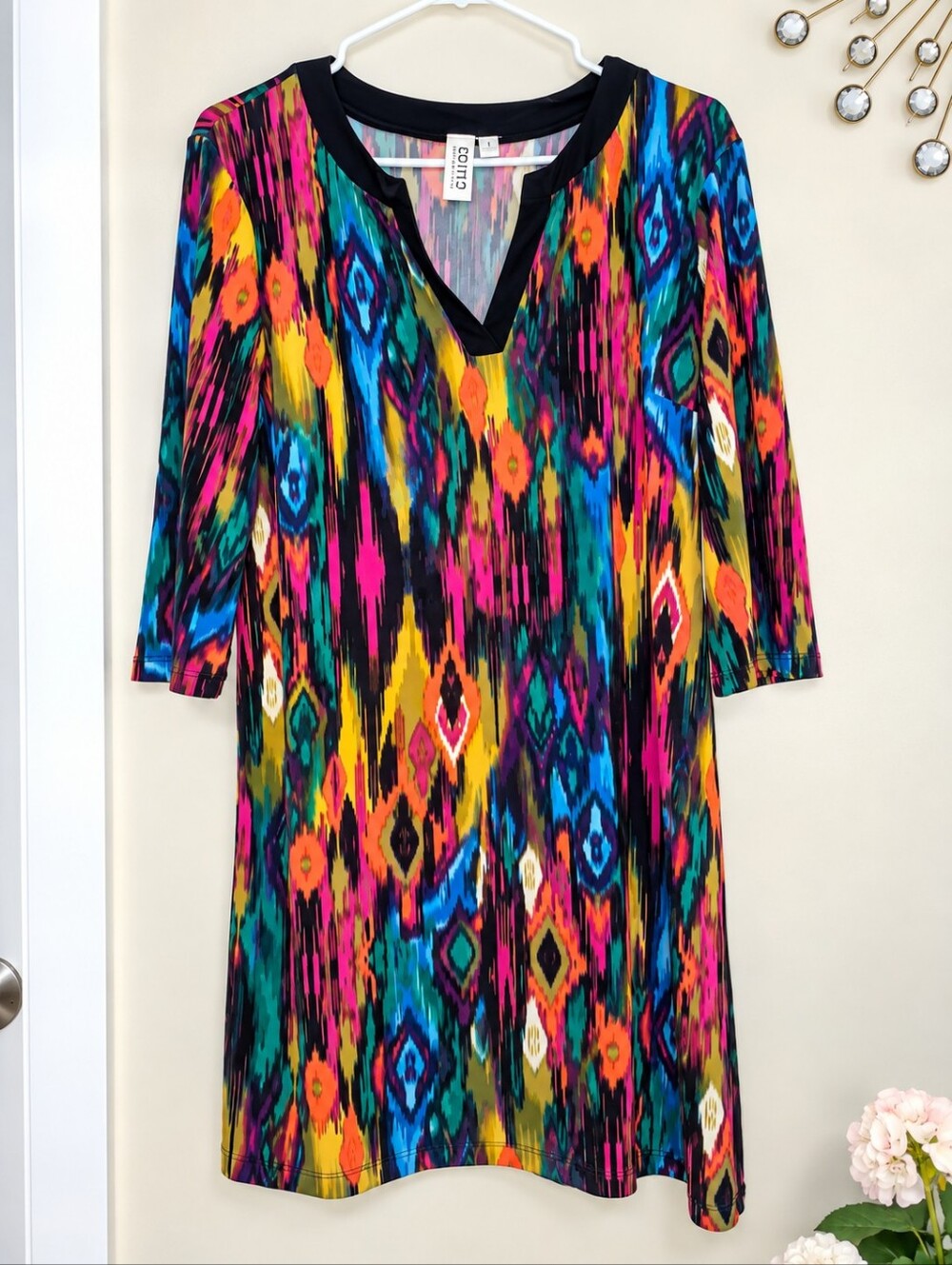 Soho Multicolor Ikat-Print Midi Dress with Black Trim